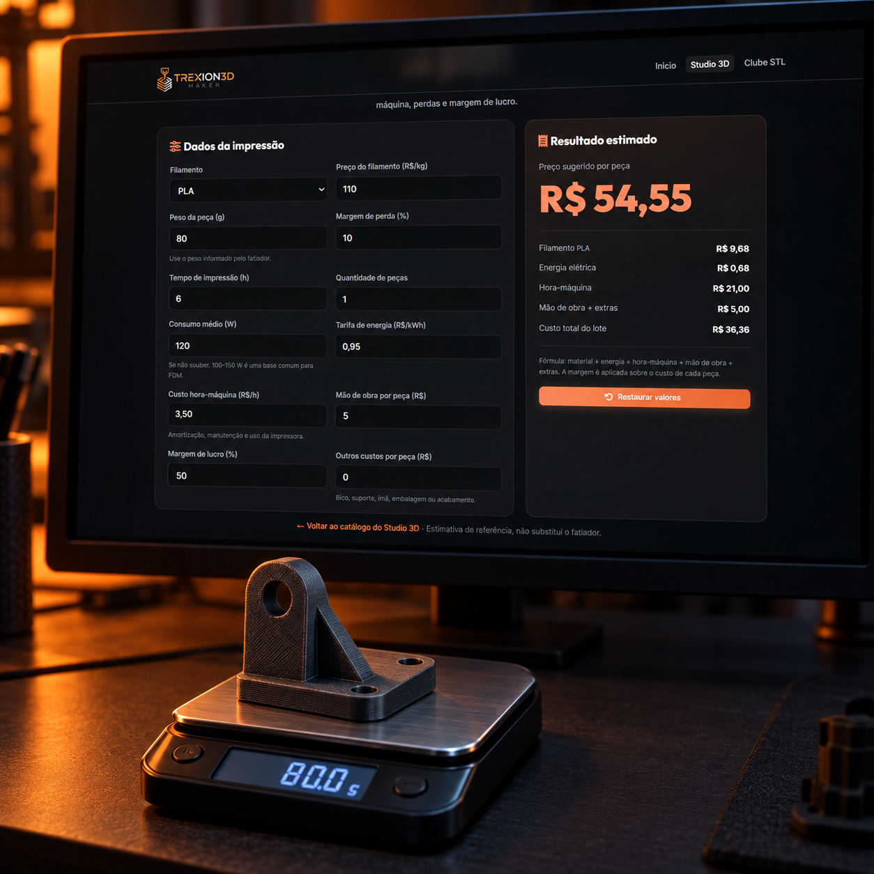 Calculadora 3D Pro para custo, tempo, material e preço final