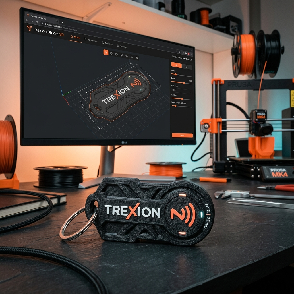 Chaveiro 3D Smart NFC Trexion com logo em relevo multicolor e alojamento para tag NFC