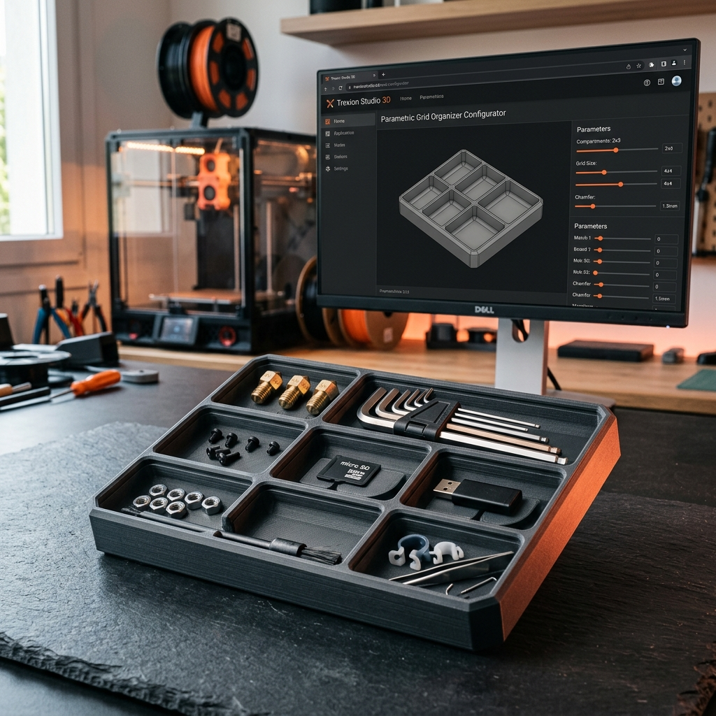 Organizador 3D paramétrico Trexion em visual CAD tecnológico