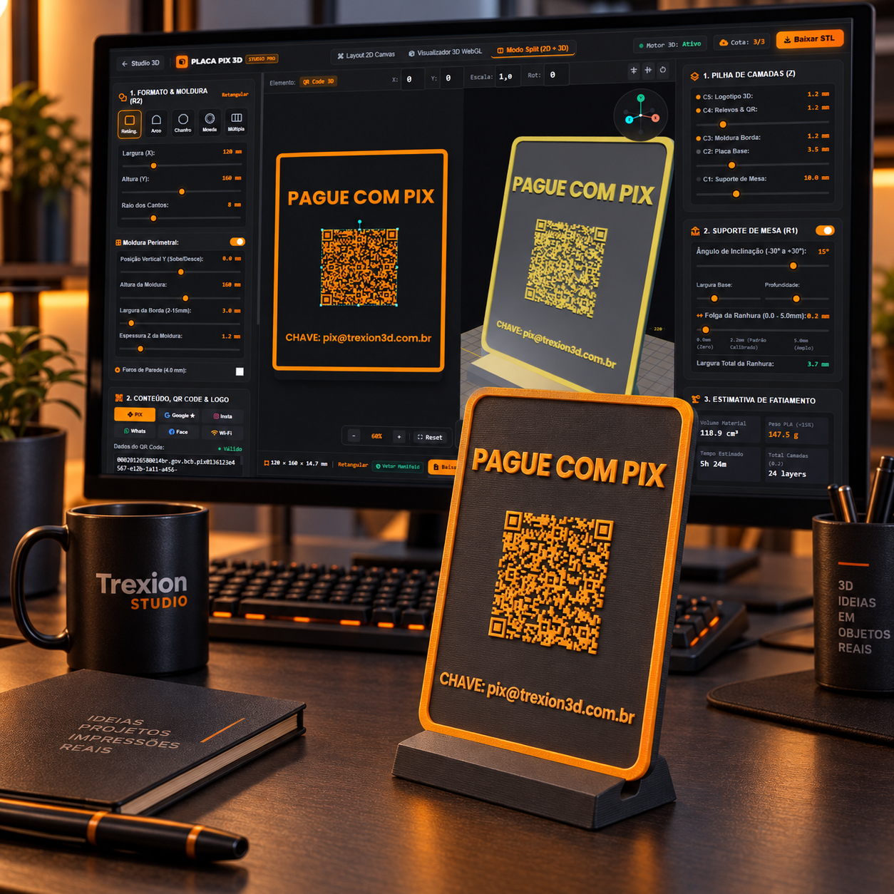 Placa PIX 3D passando do layout vetorial em Canvas para o modelo tridimensional final