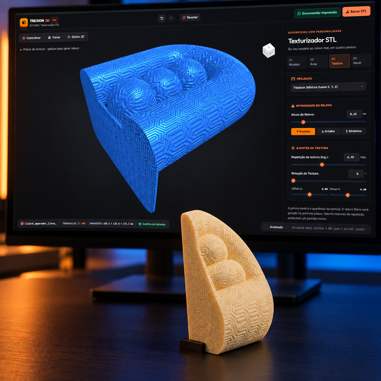Texturizador 3D Pro com textura paramétrica aplicada em modelo impresso